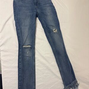 Free People Medium Blue Distressed Skinny Jeans with Frayed Hem